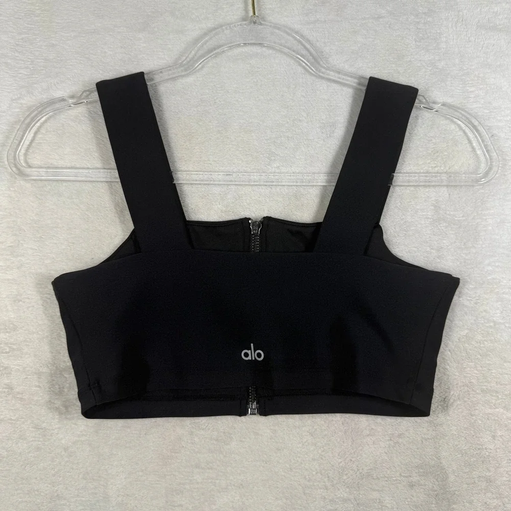 Alo Yoga Womens Black Front Zip O-Ring Square Neck Crop Top W1246R Size S